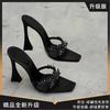 2025 summer new square-headed rhinestones with sandals women's thick heels open-toed high-heeled slippers poplar forest half-drag