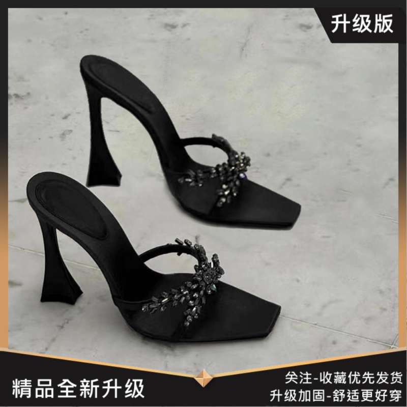 2025 summer new square-headed rhinestones with sandals women's thick heels open-toed high-heeled slippers poplar forest half-drag