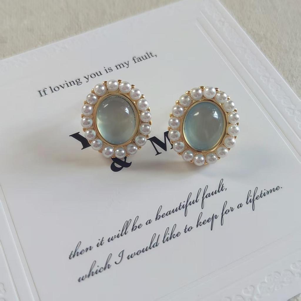 Ballet Manor: French Romantic Blue Cat's Eye Stone Pearl Stud Earrings