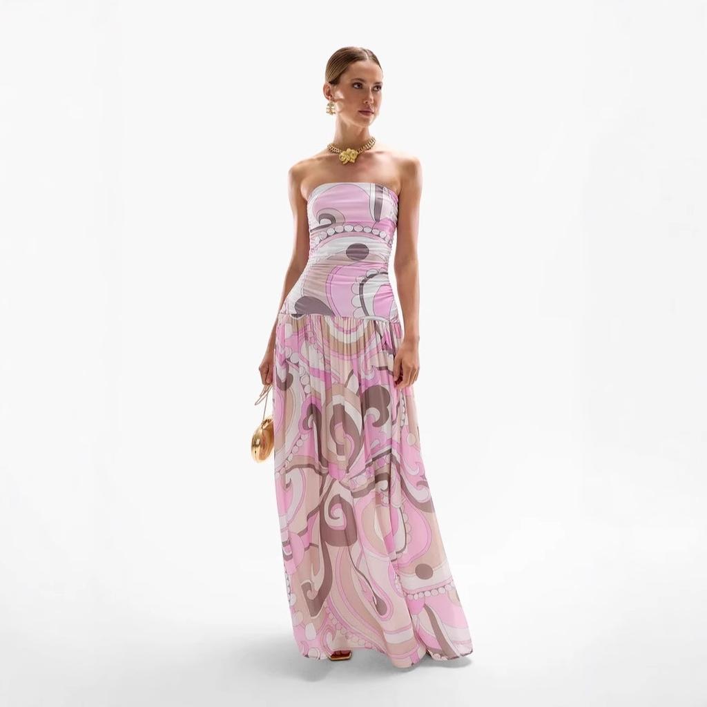 Women's Strapless Sleeveless High Waist Full Swing Maxi Dress French Sexy Printed Chiffon Long Gown