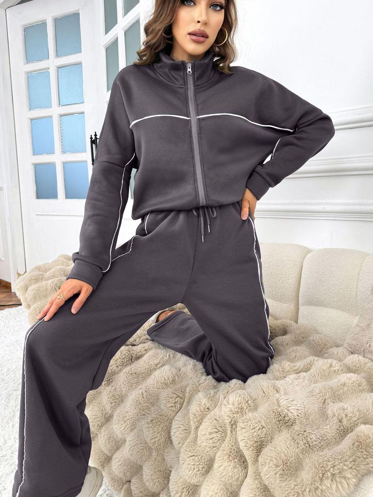 2024 European & American Leisure Suit: Long-Sleeve Half-High Collar Cardigan with Lace-Up Striped Trousers