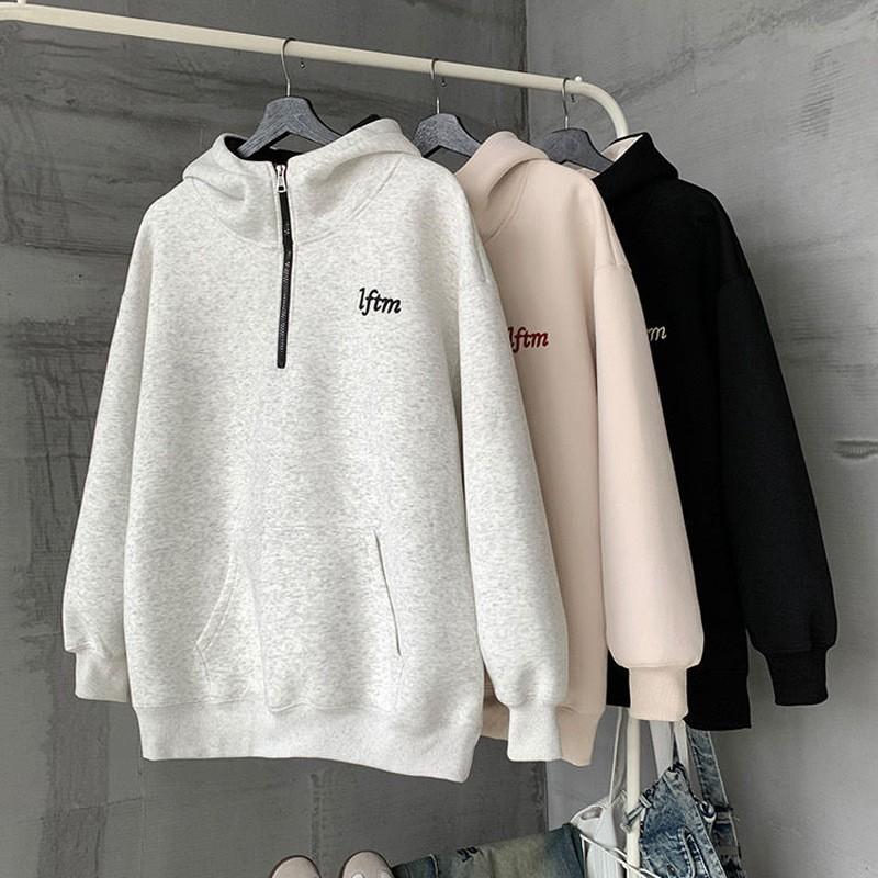 Half-zip Embroidered Hoodie Couple Matching Winter Casual Loose Sweatshirt Women