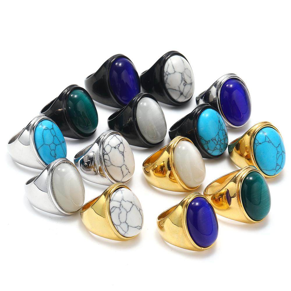 2025 Neuer Herrenring aus Edelstahl mit farbigem ovalem Edelstein Gothic Biker Hipster Schmuck für Männer Mann Geschenkidee