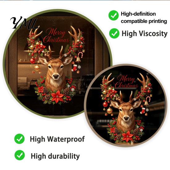 Christmas Party Glass Decorations Reindeer Static Sticker, Removable Window Clings with Merry Vintage Elk Head Decals Text, Reusable PVC Stickers for