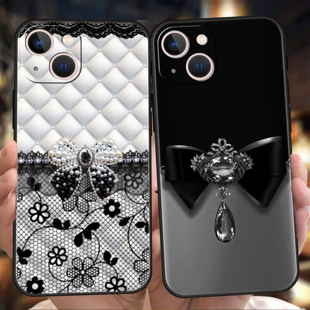 Phone Case Cover for iPhone 17 16 15 14 13 12 Pro Max 11 Pro Max 17AIR Plus Shockproof Soft TPU Black Bowknot Faux Pearl Painted