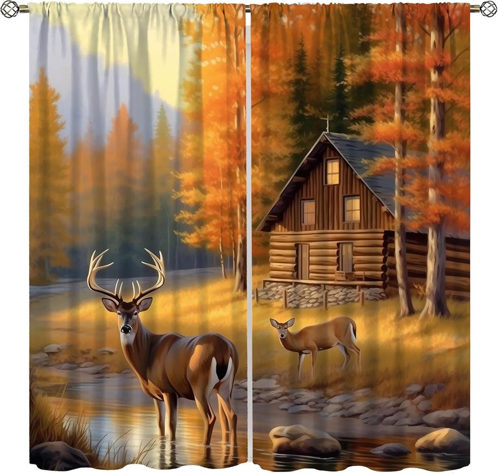 Farmhouse Deer Curtains Bedroom Vintage Rustic Fall Hunting River Cabin Elk Wildlife Window Drape Boys Girls Living Room Curtain For Sitting Polyester