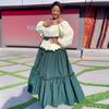European and American Women's Clothing Summer New African Celebrity Style One-word Shoulder Contrasting Color Big Swing Dress