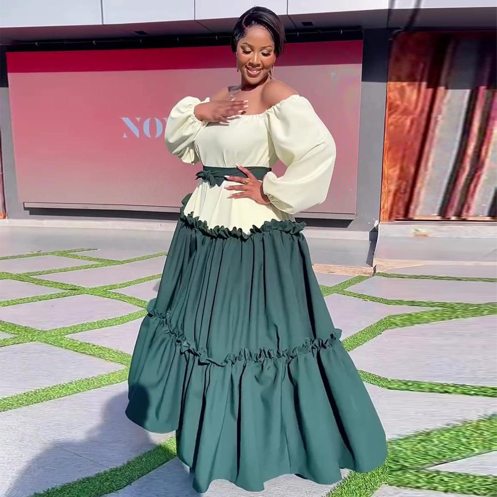 European and American Women's Clothing Summer New African Celebrity Style One-word Shoulder Contrasting Color Big Swing Dress