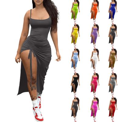 Women's Summer Sexy Backless Wrinkled Split Slim Solid Color Dresses