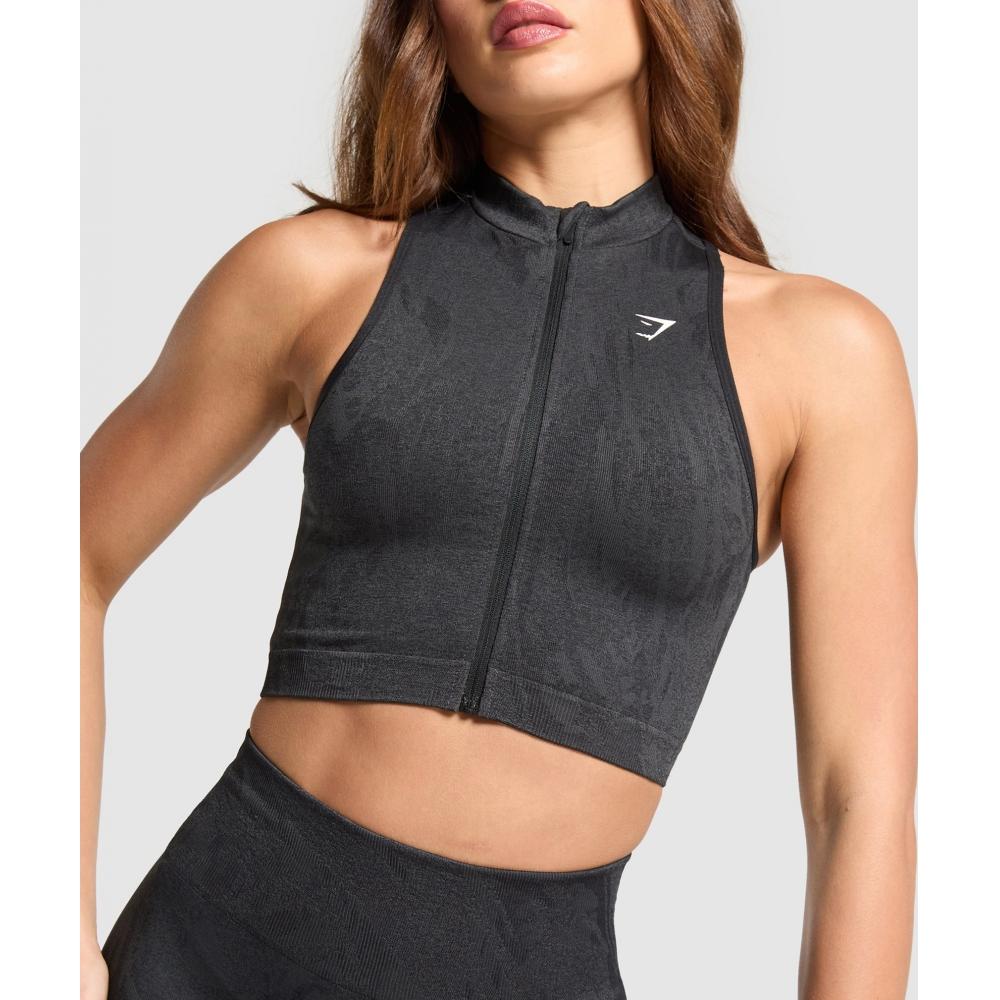Gymshark Adapt Camo Seamless Zip Up Crop Top Asphalt Grey Black B3c2n Gc8n