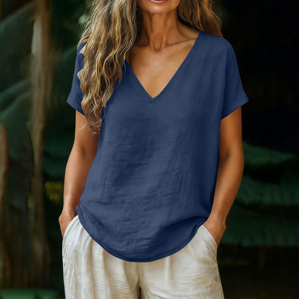 Women's Relaxed-Fit Fashion Cotton-Linen Blend Short-Sleeve V-Neck Pullover Top