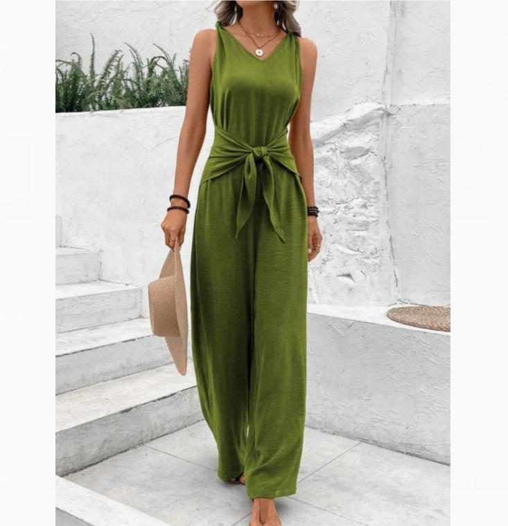 Fashion Solid Jumpsuit For Women Casual Sleeveless V Neck Lace-Up Wide Leg Pants Jumpsuits Lady Summer Holiday Womens Clothing