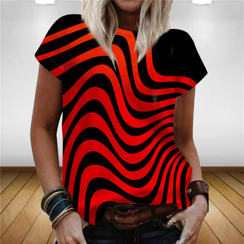 Women's summer striped themed T-shirt, women's 3D printed round neck T-shirt, rainbow 3D casual T-shirt