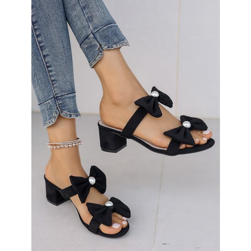 Women’s Pearl Bow Hollow-Out Pointed Mid-Heel Slide Sandals Fashion Shoes