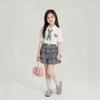 Girls' Summer POLO Collar Short Sleeve Plaid Cartoon Skirt Two-Piece Set