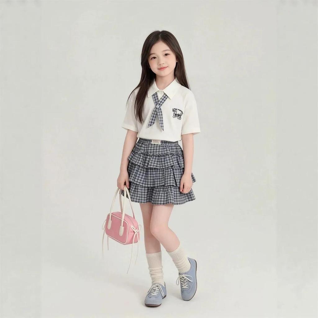 Girls' Summer POLO Collar Short Sleeve Plaid Cartoon Skirt Two-Piece Set