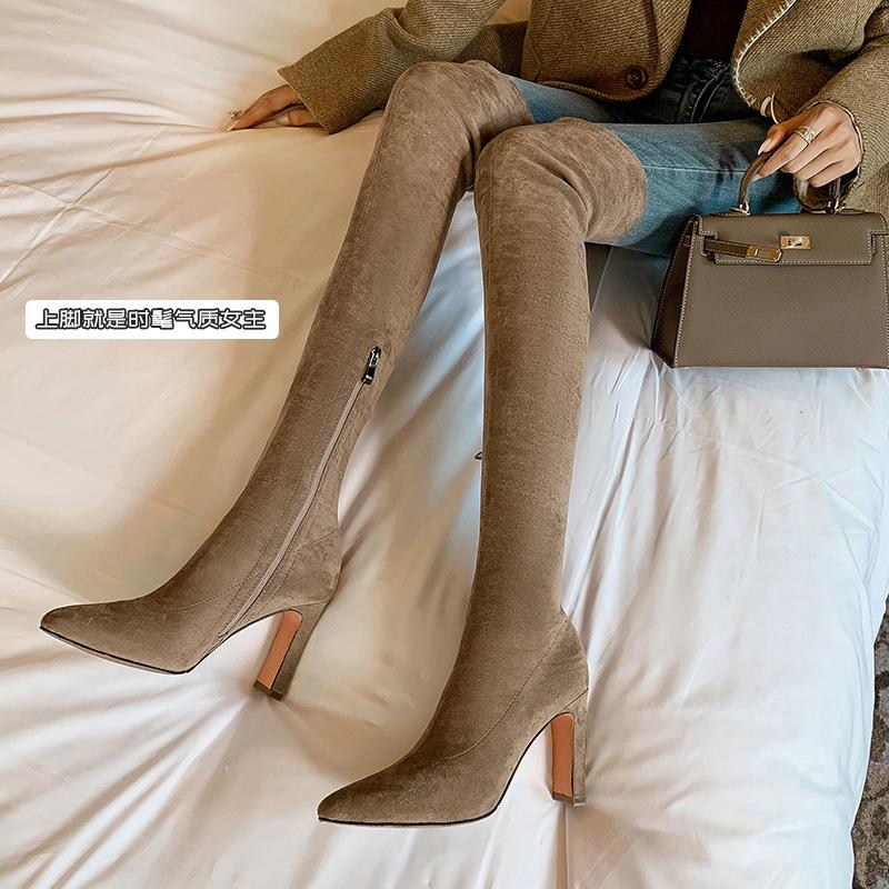 Autumn and Winter Over-the-knee Women's Boots European and American Large-size Shoes Pointed-toed Square-heeled Over-the-knee Boots Black Medium-heele