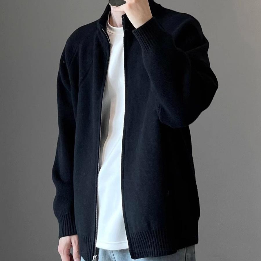 Solid Color Knitted Sweater Jacket Men's Spring and Autumn Lazy High-end Cardigan Japanese Retro Ruffian Handsome Stand-up Neck Sweater
