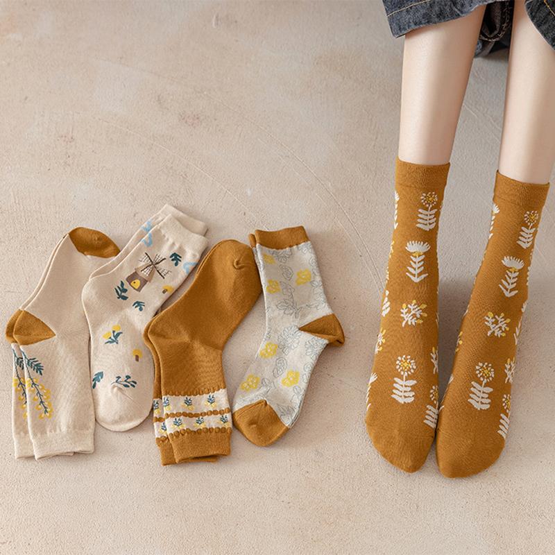 Vintage Floral Print Middle Tube Socks For Women Soft Cotton Autumn Spring Harajuku Japanese Socks Female Girl Casual Long Sock