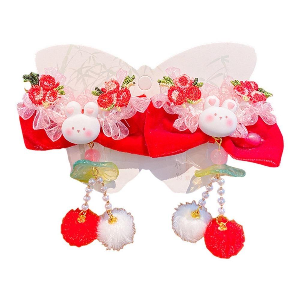 Bowknot Plush Fringe Hairpin Rabbit Chinese Style Barrettes Children's New Year Hair Clip  Festival