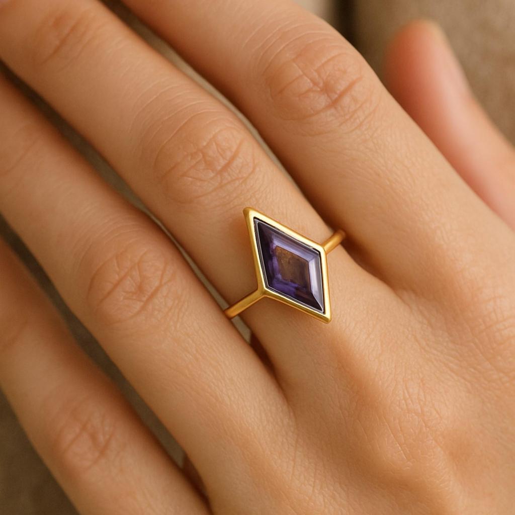 Kite Cut Amethyst Ring – Yellow Gold Plated 925 Sterling Silver Solitaire – February Birthstone Art Deco Minimalist Jewelry Gift for Her
