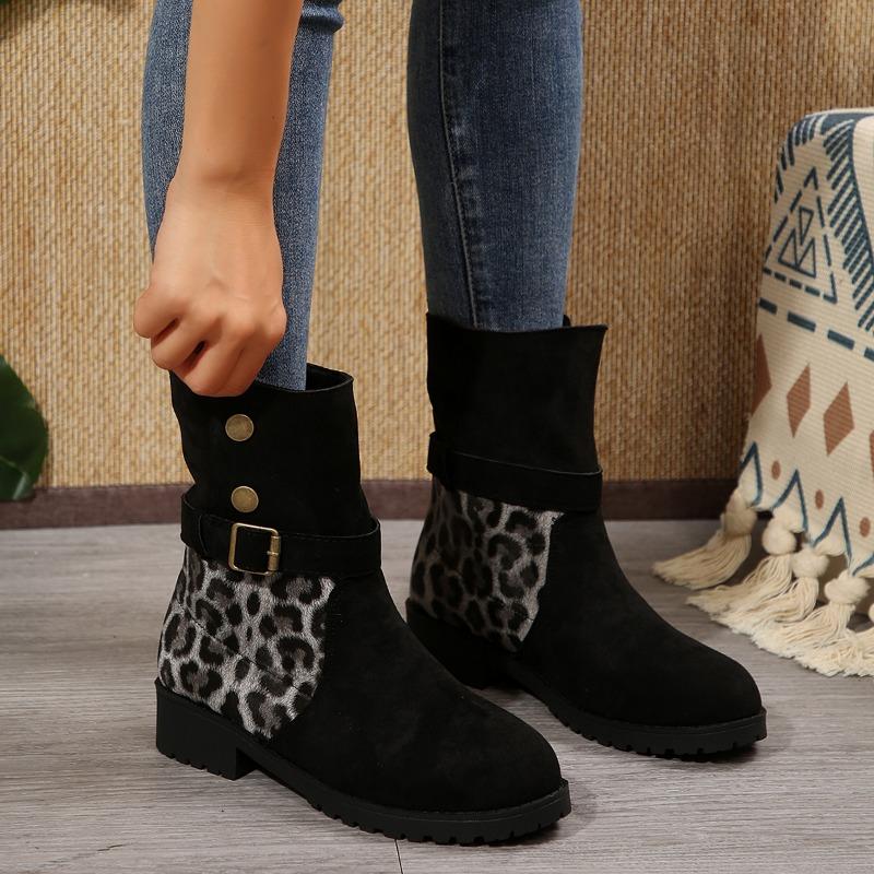 Women's Thick Heel Round Head Suede Sleeve Metal Buckle Non-slip Wear-resistant Short Boots