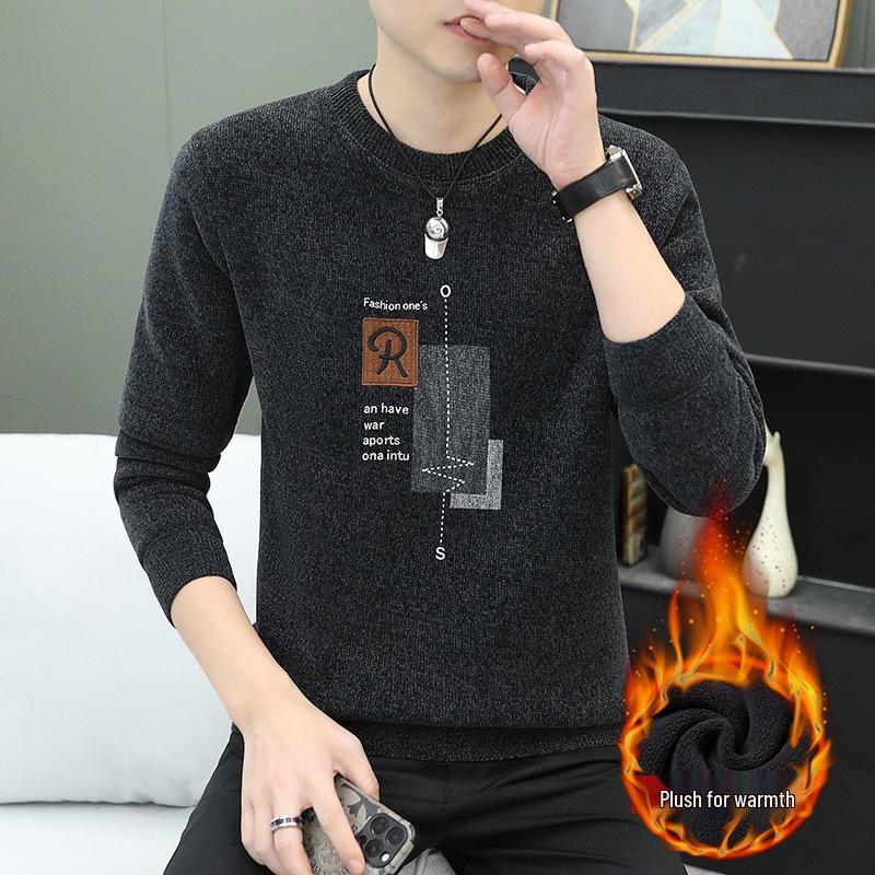 

Men s Winter Thick Fleece Round Neck Sweater - Warm Knit Casual Top 2XL темно-сірий