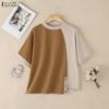 ZANZEA Women Casual Stand Collar Short Sleeve Patchwork Tee Shirts