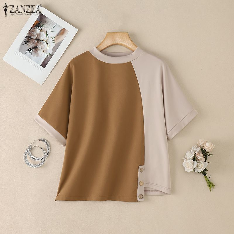 ZANZEA Women Casual Stand Collar Short Sleeve Patchwork Tee Shirts