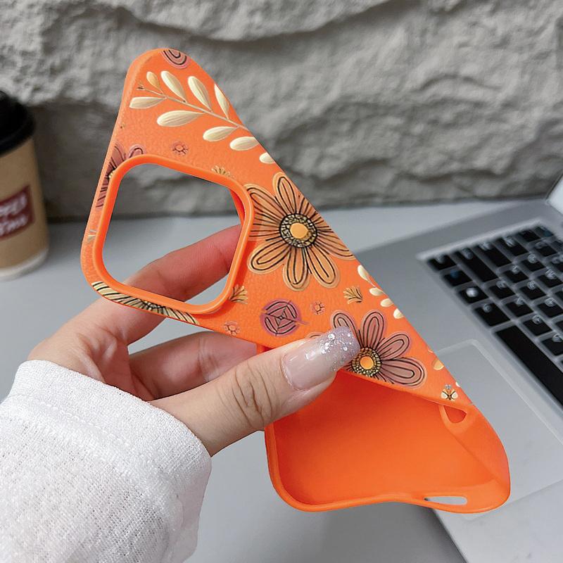 Minimalist Full-Coverage Line Art Daisy Pattern Shockproof Soft TPU Leather Texture Cover Case for iPhone 17 Pro Max Air 16e 16 15 14 13