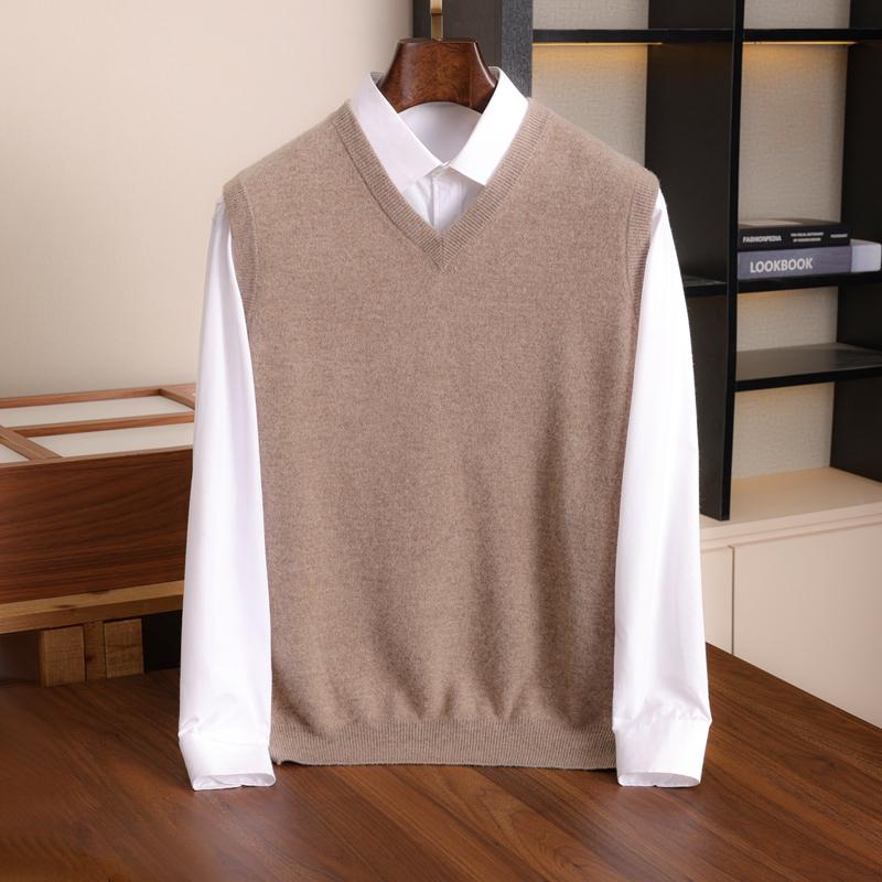 Men's 100% Cashmere Vest Business Casual Knitted Sleeveless V-Neck Jumper Loose Pull Over Top Pullover Cashmere Sweater