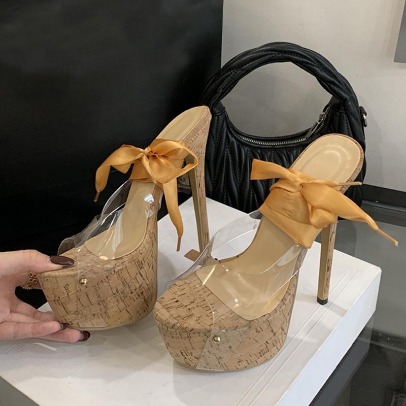 Fashion Liyke New Sexy Yellow Silk Ankle Strap Platform Sandals Women 16CM Transparent Shoes Stiletto Peep Toe Party Club Stripper Heels