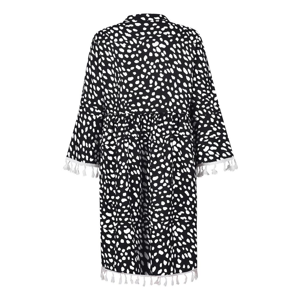 Women Three-quarter Sleeve Boho Polka Dot Printed Dress Tassel V-neck Dress