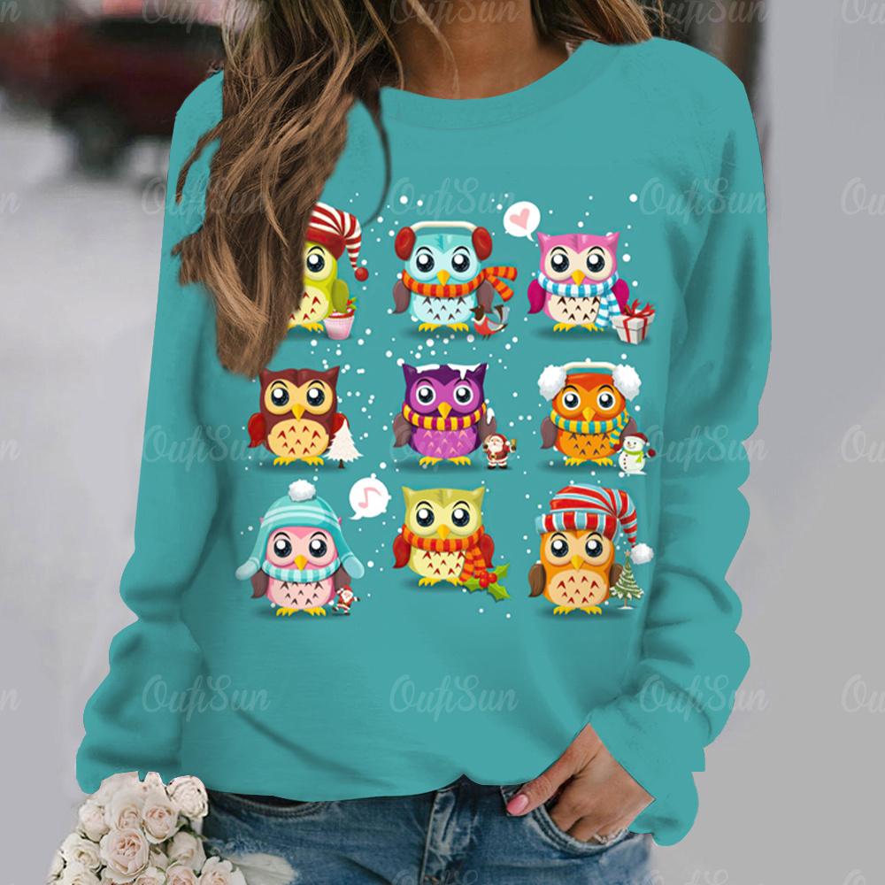 Cartoon Owl Pattern Cotton T-Shirt For Women Christmas Style Long Sleeve Tops Autumn O Neck Oversized Pullover Harajuku Sweater