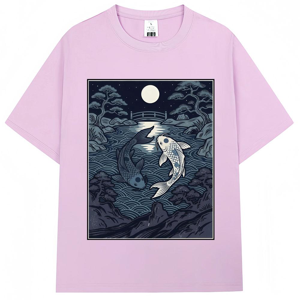 Japanese Style Yin Tang Koi Fish Moonrise Graphic T Shirt   Fashion Vintage T-shirts Oversized Cotton Casual Y2k T-shirt