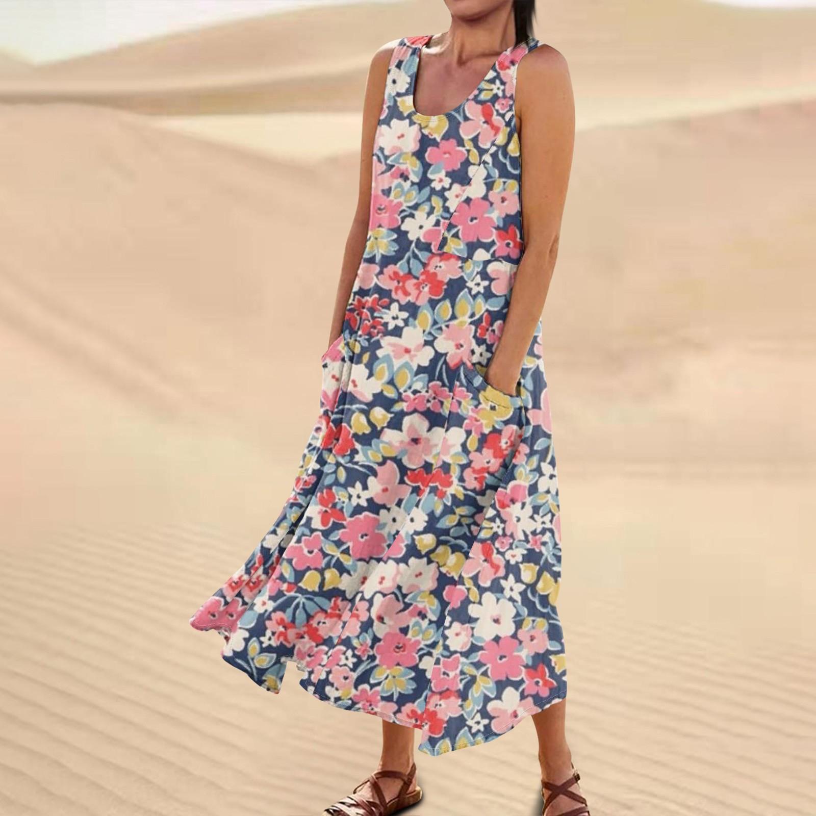 

Женское повседневное удобное хлопковое карманное платье без рукавов с цветочным принтом M розовый