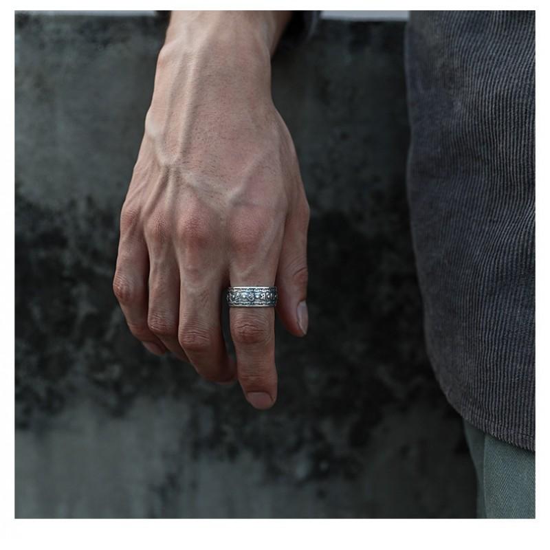 Adjustable Sterling Vintage Tibetan Mantra Ring Men Women Geometric Ethnic Style Lucky Charm Band