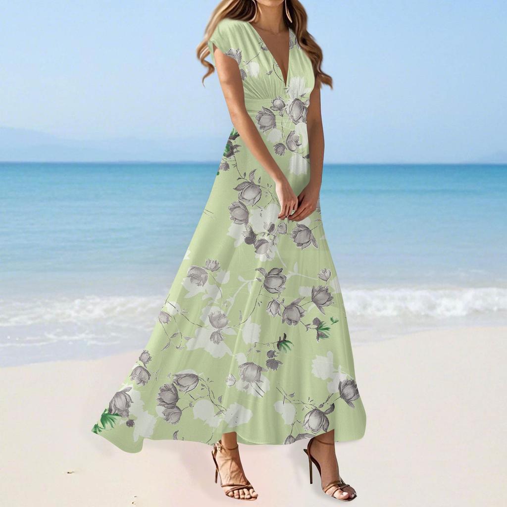 Boho Dress For Women Casual Loose Fit Summer Sundress Floral Print Dress With Pocket