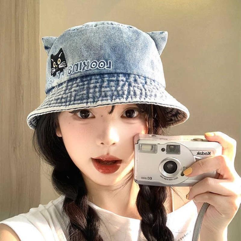 Sweet and Cute Cat Ear Denim Bucket Hat Autumn and Winter Hat Women's Embroidery Basin Hat Versatile Face Bucket Hat