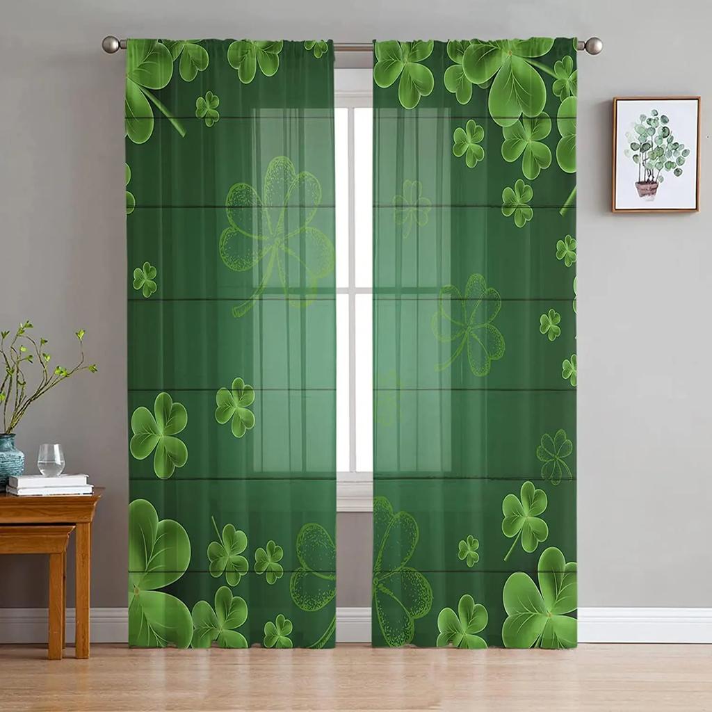 St Patrick Day Clover Lucky Leaves Voile Curtain Living Room Bedroom Kitchen Window Decor Tulle Chiffon Curtains Sheer Polyester Ideal For Area