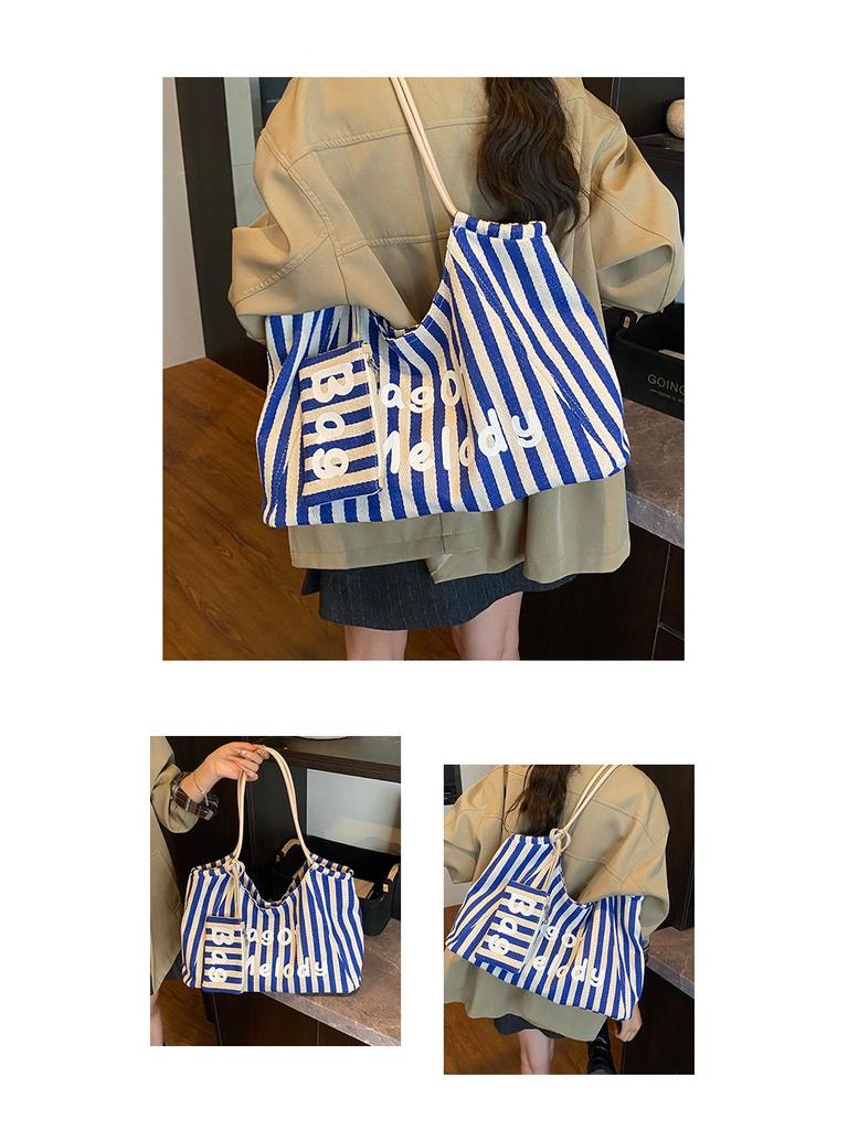 Canvas Striped Tote Bag - Women's College Style Handbag & Shoulder Bag