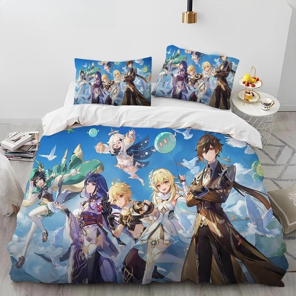 Genshin Impact Game Gamer Cartoon Comforter Bedding Set,Duvet Cover Bed Set Quilt Cover Pillowcase,king Queen Size Bedding Set