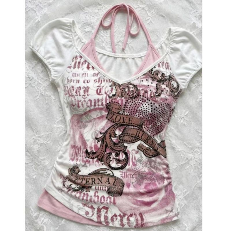 T-Shirts Damen Y2k Ästhetik Harajuku Vintage Patchwork Neckholder Bandage V-Ausschnitt Buchstabendruck Grunge Gothic Crop Tops