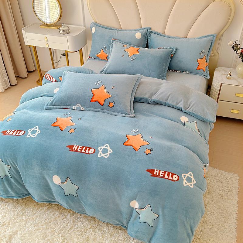 Thickened Milk Fleece Printing Four-Piece Set, Fleece Warm Coral Fleece Skin-Friendly Student Dormitory