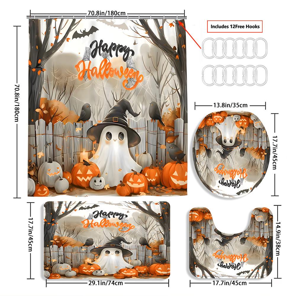 Hot 4Pcs Halloween Shower Curtain Set with 12 Hooks & Toilet Mat, Spooky Bat Ghost Print Waterproof Bathroom Decor for Housewarming