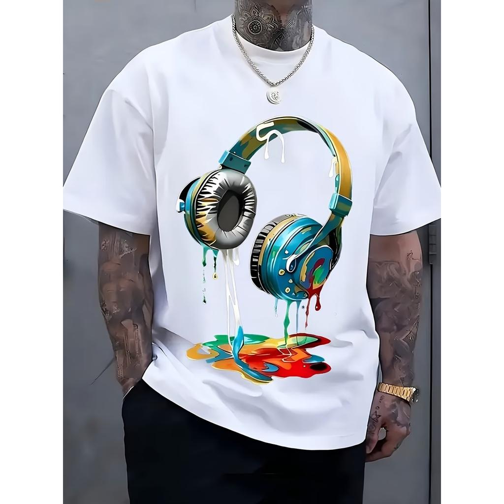 Men'S Casual Streetwear T-Shirt Featuring A Lively Design of Headphones and Paint Splatters
