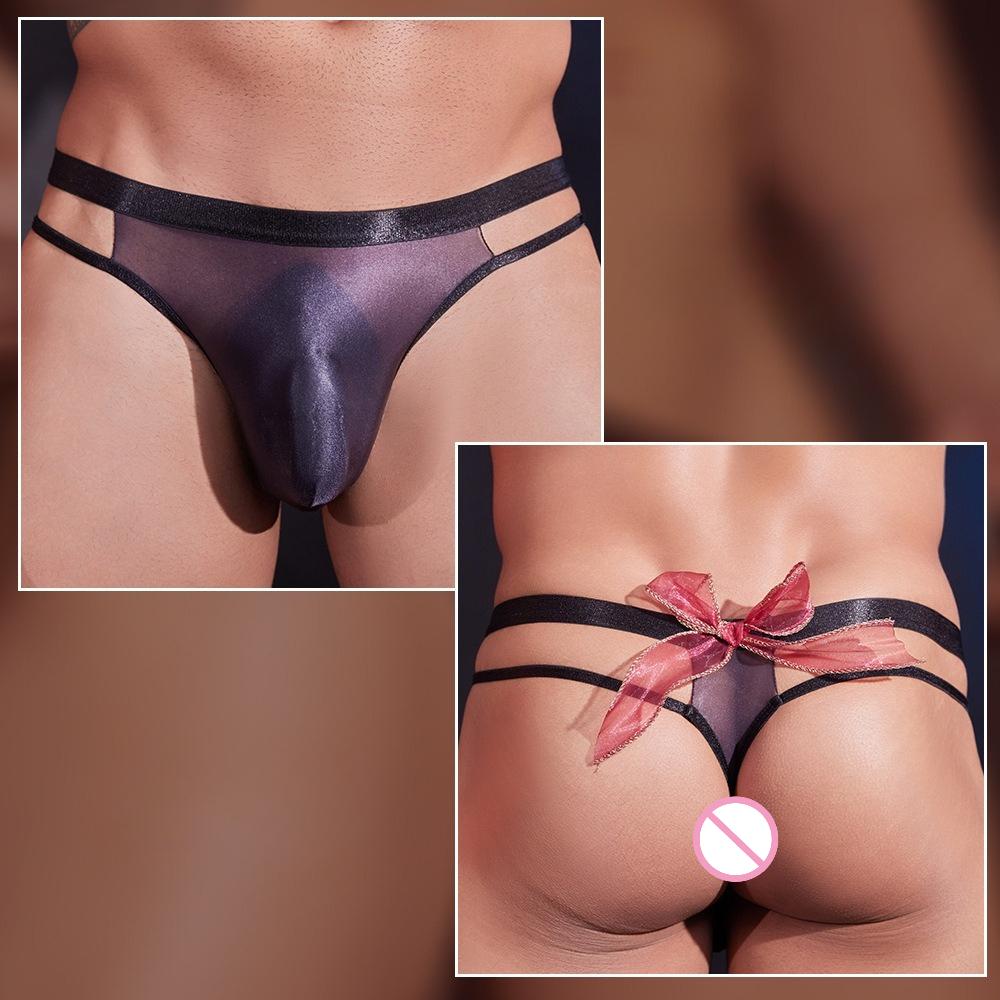 Men Low Rise Bulge Pouch Briefs Breathable Underpants T Back Briefs Oil Shiny Glossy Thong Gay Lingerie Exposed Butt Panties