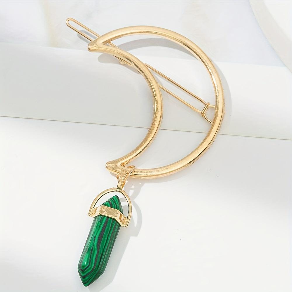Eleganter sechseckiger Säulen-Naturstein-Anhänger, Metall-Haarklammer in Halbmondform für Damen, Haaraccessoire im schlichten Stil