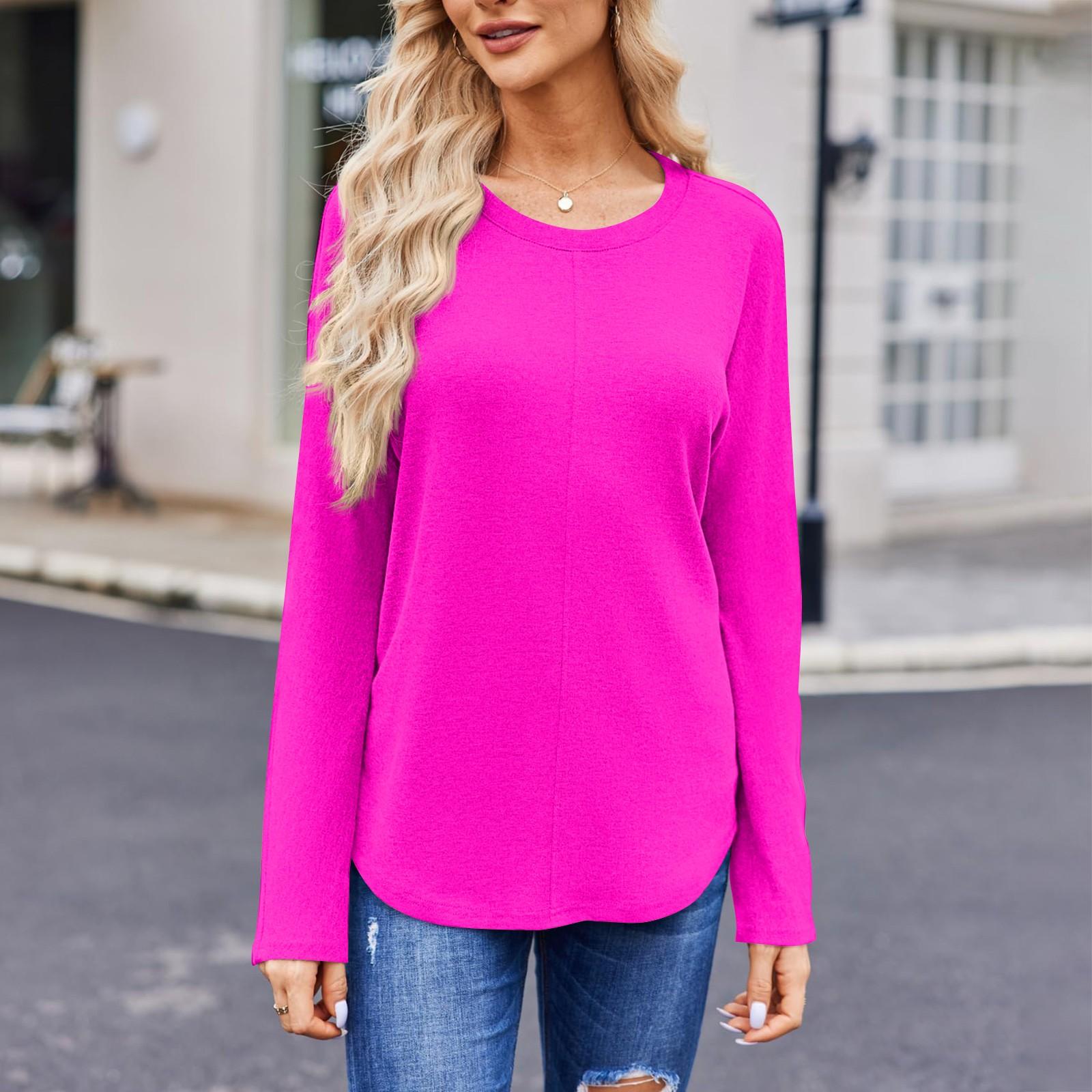 Женская модная однотонная футболка с круглым вырезом и длинным рукавом — фото 7