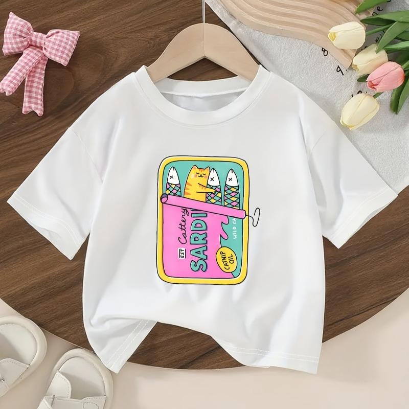 Cartoon Cat Sardine Print Pattern T-Shirt, Girls Short Sleeve Round Neck Top 110 белый